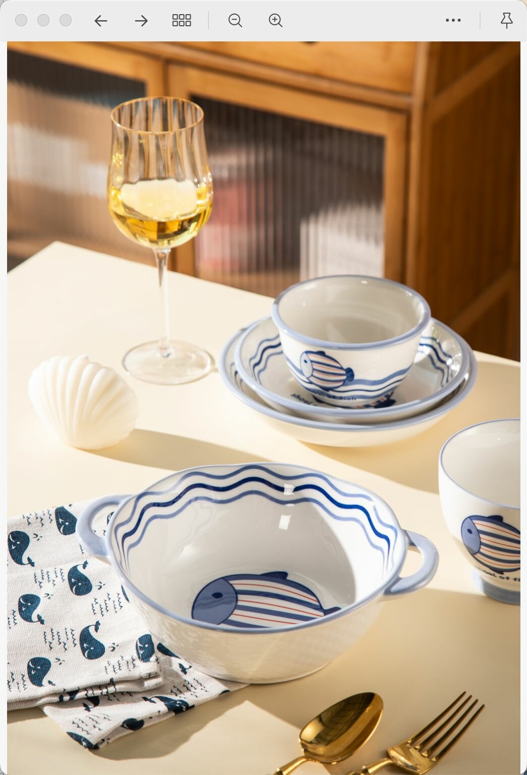 "Синий полосатик" Салатник фарфоровый 1,15л, 2 ручки, борт "плетенкка", белый