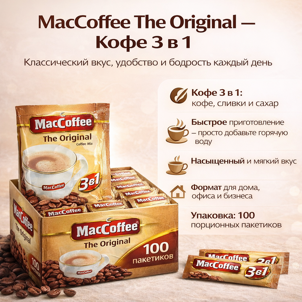 Кофейный MacCoffee "Мак 3в1", 100 пакетов по 20 гр, 3 в 1, упаковка 100шт