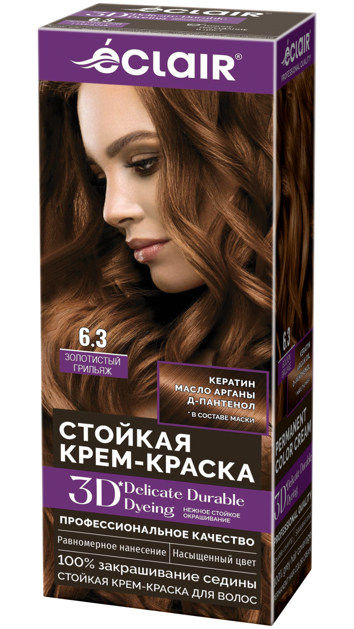 Крем-краска ECLAIR 6.3 3D "Золотистый Грыляж ", с пантенолом, 100 мл
