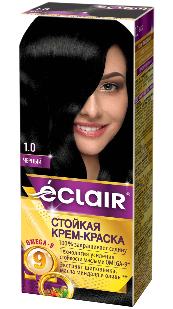 Крем-краска ECLAIR-Omega 1,0 "Черный", с добавлением масел Омега-9, 100 мл,