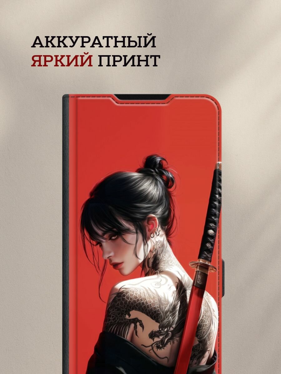 Чехол-книжка на Apple iPhone 16 Pro Max / Айфон 16 Про Макс с принтом Девушка самурай с катаной, черный — фото 1