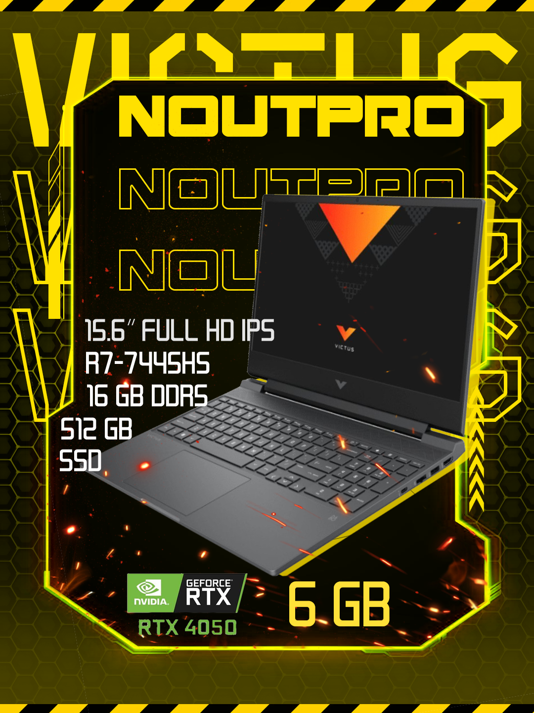 Ноутбук HP Victus 15 R7-7445HS, 16GB DDR5, 512GB SSD 15.6" FHD IPS 144 Hz, RTX 4050 6GB