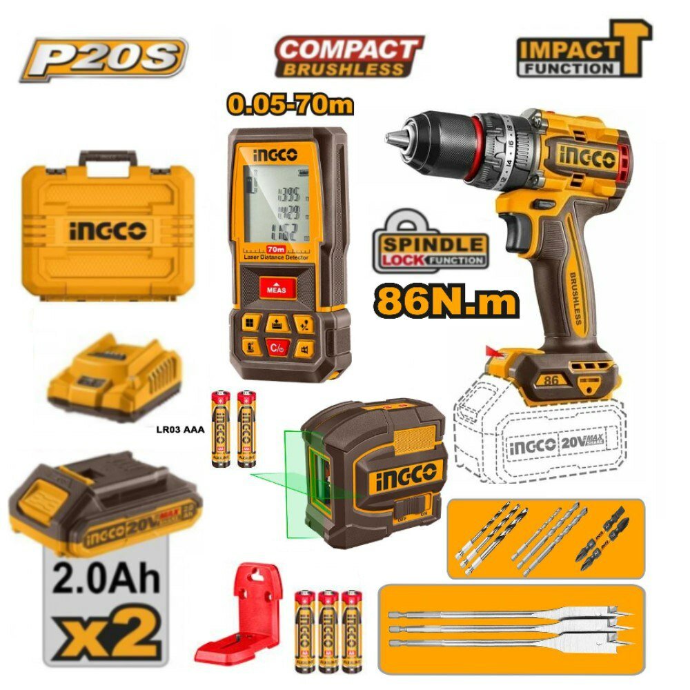 Набор электроинструментов INGCO COSLI251001, Li-Ion аккумулятор 20В, 2шт