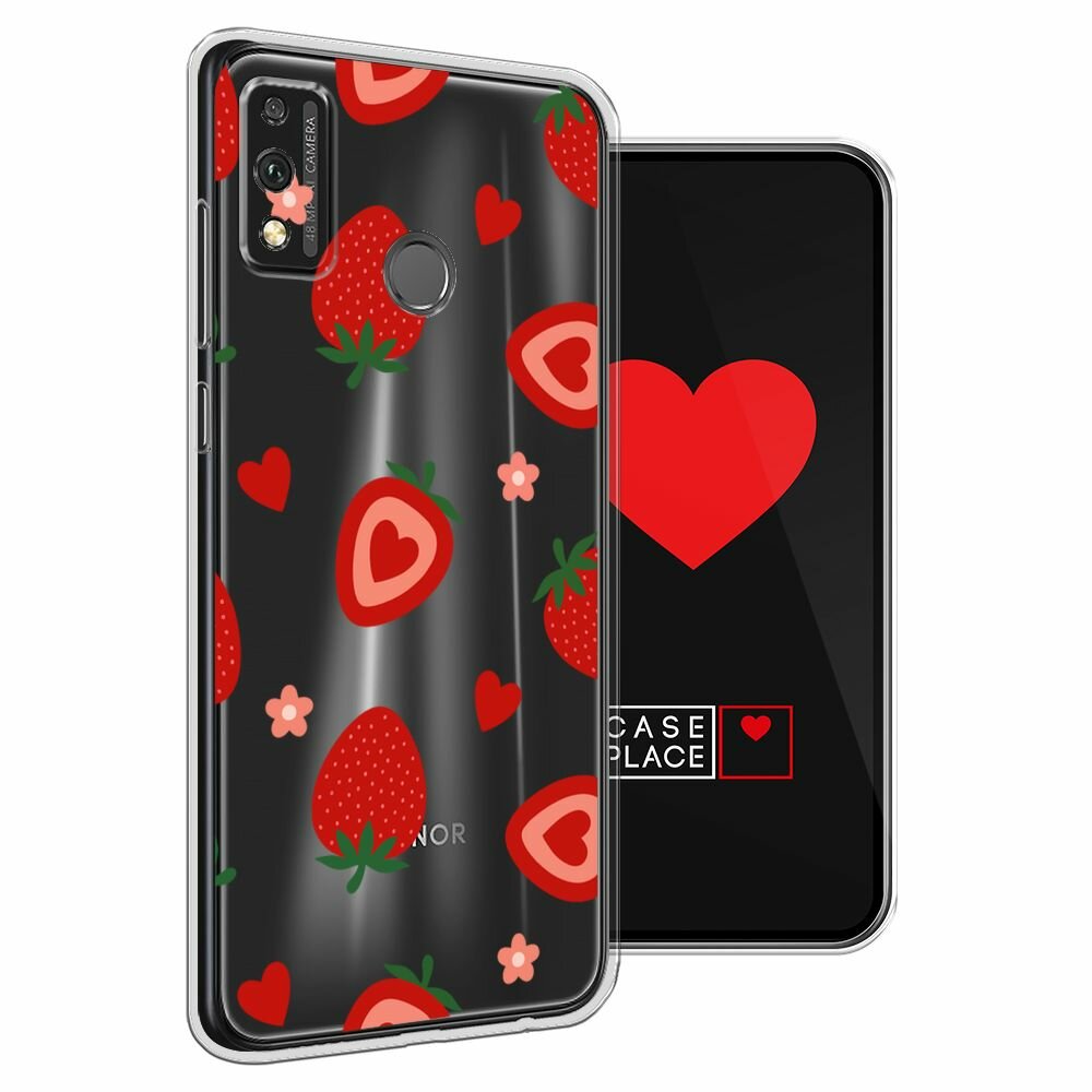 Чехол на Honor 9X Lite / Хонор 9X Лайт с принтом Heart strawberries 2, прозрачный — фото 1