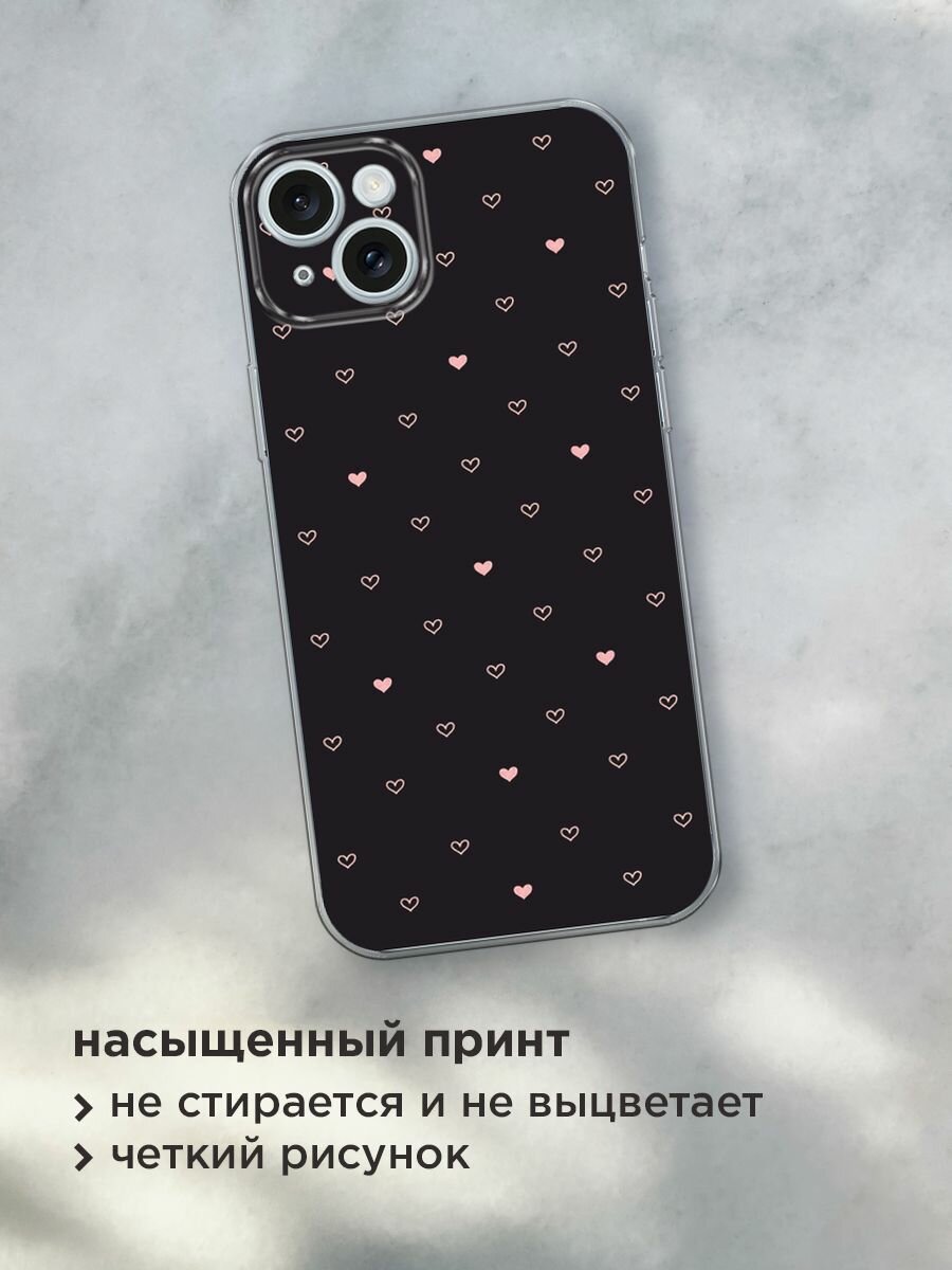 Чехол на Apple iPhone 15 Plus / Айфон 15 Плюс с принтом "Черный фон и сердечки" — фото 1