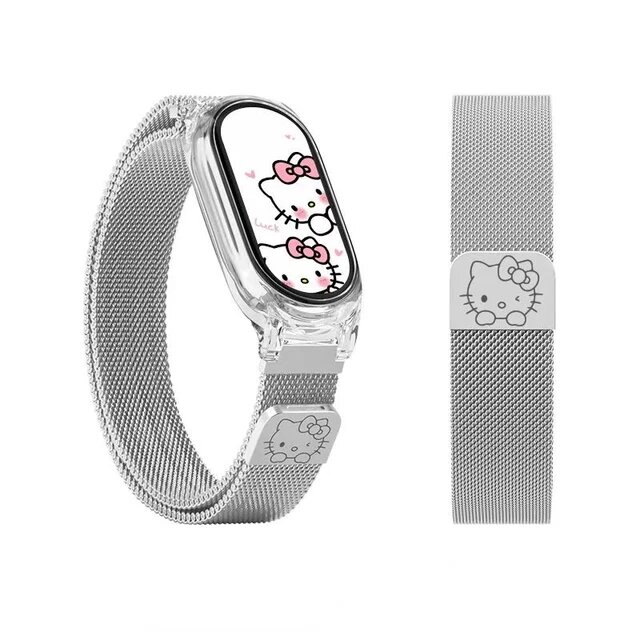 Картинки Ремешок для часов Sanrio Hello Kitty Milanese, совместимый с Xiaomi Mi Band 8/7/6/5/4/3, металлический магнитный ремешок для часов в стиле аниме, совместимый с ремешком для часов Xiaomi Mi Band NFC.