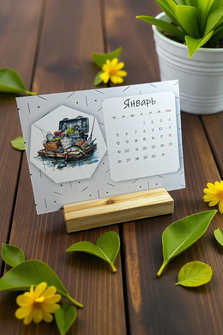 Настольный календарь А5 с цитатами о рыбалке, на деревянной подставке, в подарочной красной коробке.