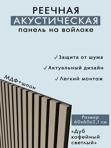 Изображение товара Акустическая панель, черный войлок, 600х600х21мм, рейки МДФ, шпон дуб кофейный светлый. INDECO