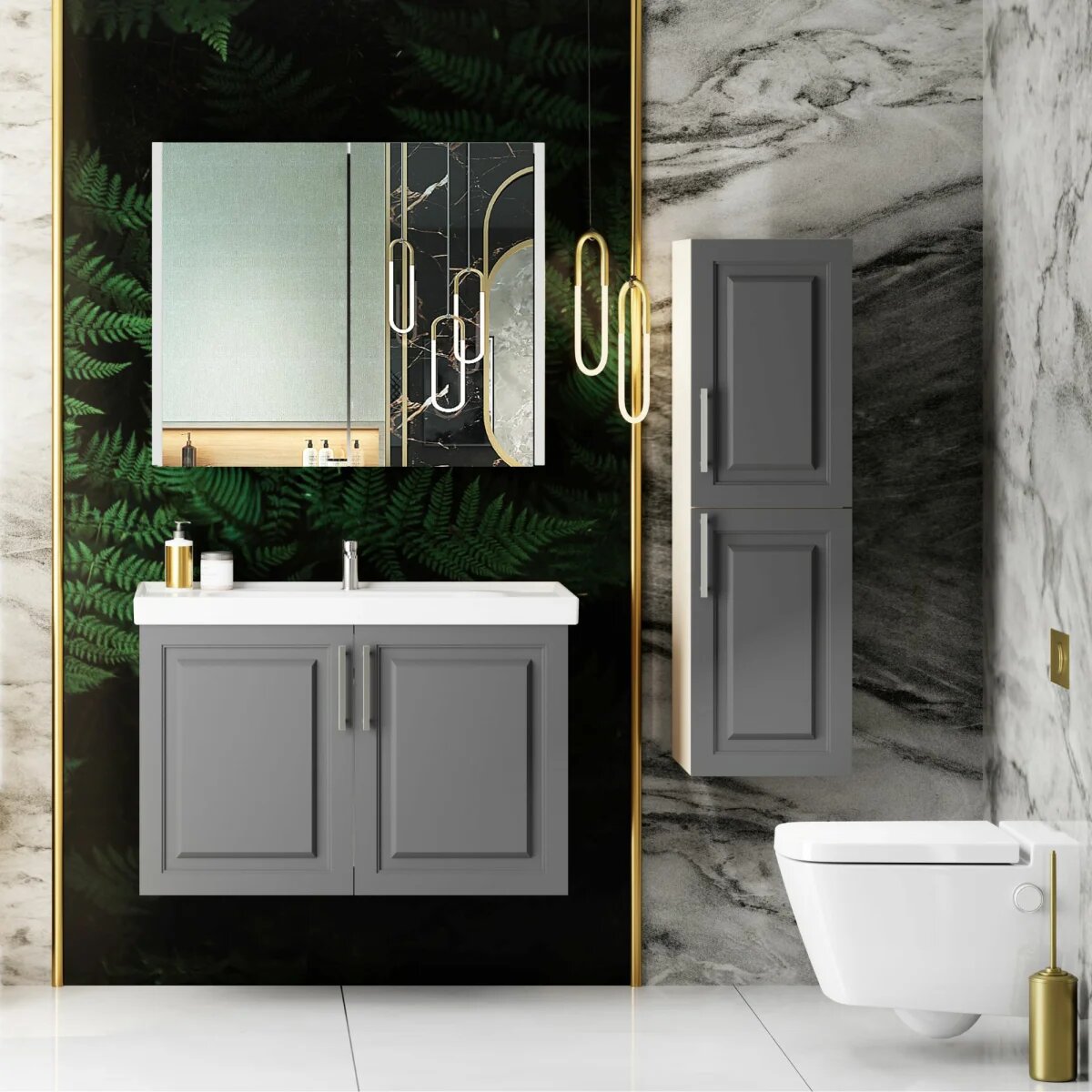 Комплект мебели для ванной комнаты Arin, 60 см, встроенная раковина, тумба под унитаз и зеркальная тумба