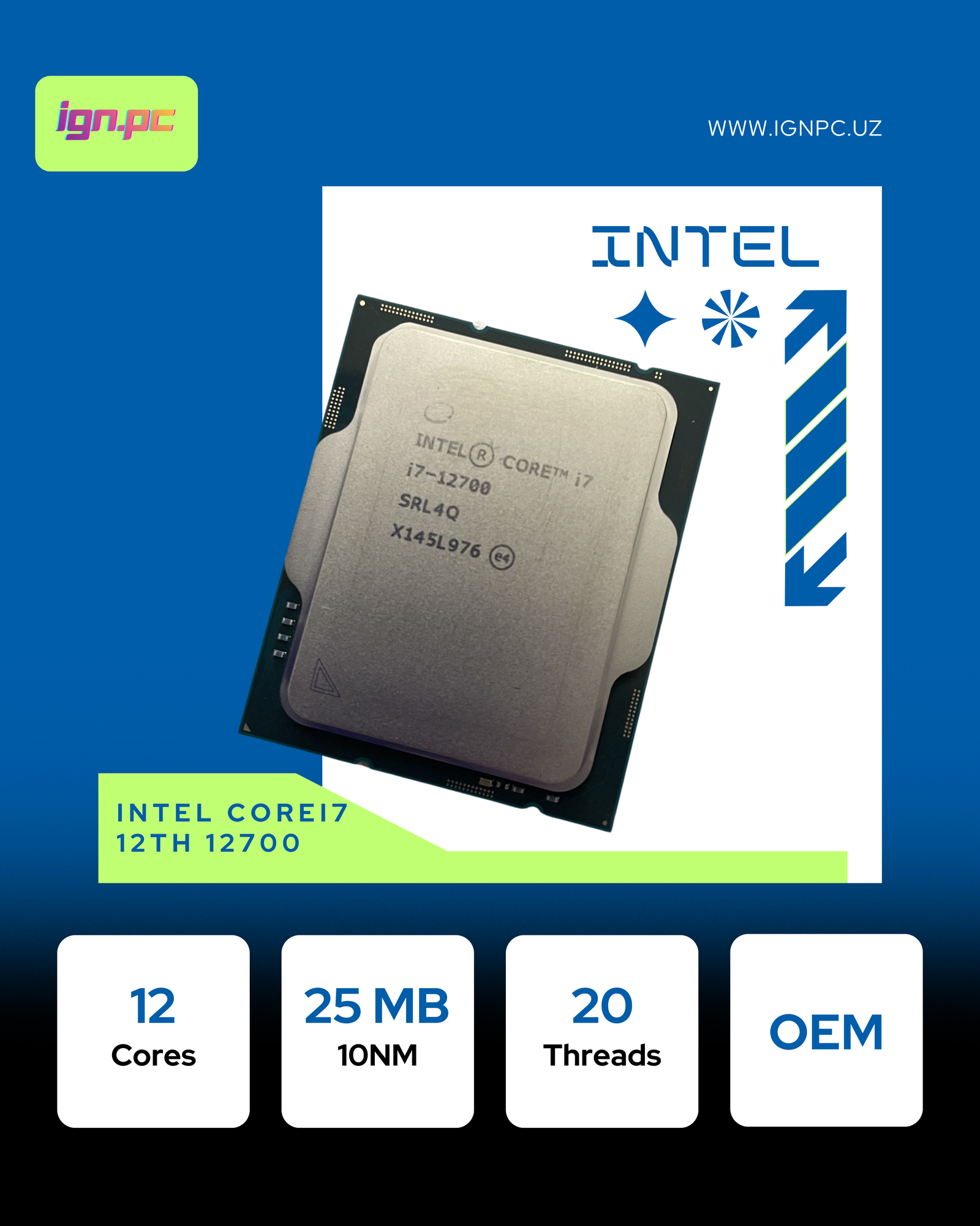Intel-Core i7 - 12700, 3.2 GHz, 25MB, oem, LGA1700, Alder Lake