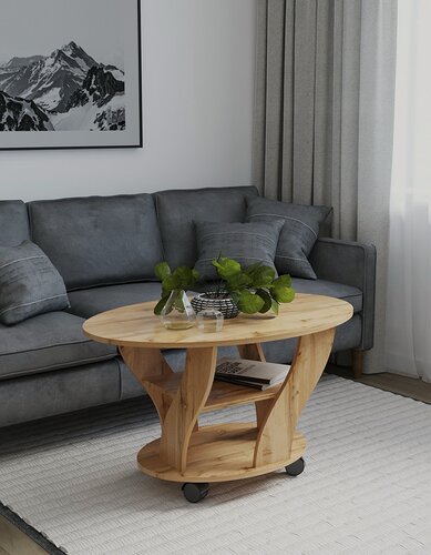 Изображение товара Стол журнальный с овальной столешницей и полкой, на колесиках, дуб вотан