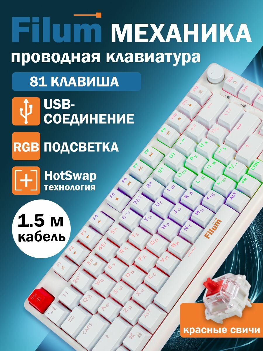 Клавиатура механическая игровая Filum FL-GKBM15, USB, компактная 81 клавиша, подсветка, белый