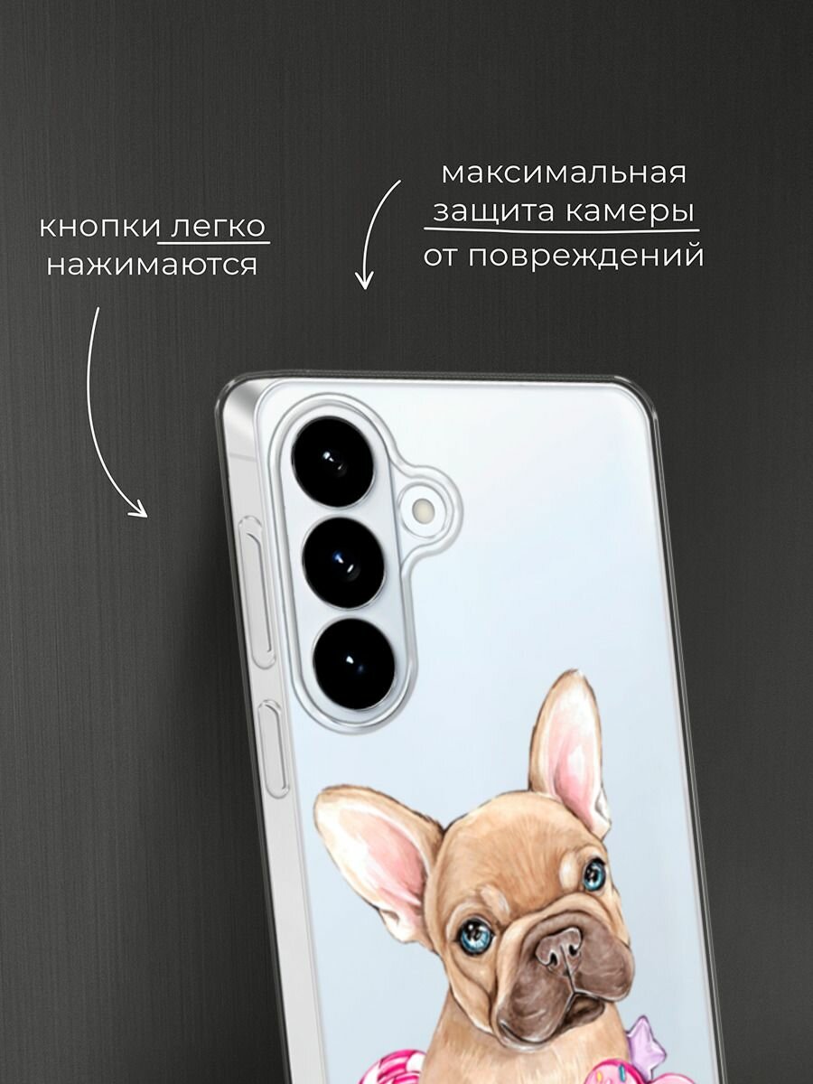 Чехол на Samsung S26 Plus / Самсунг S26 Плюс с принтом Бульдог и сладости, прозрачный — фото 1