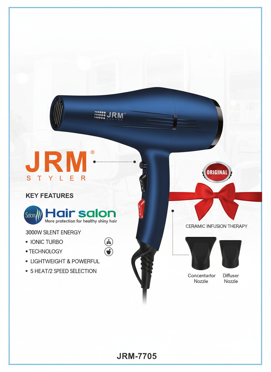 Фен (пневматический фен) JRM Styler JRM-7705, 3000 Вт, ионный, профессиональный, черный.