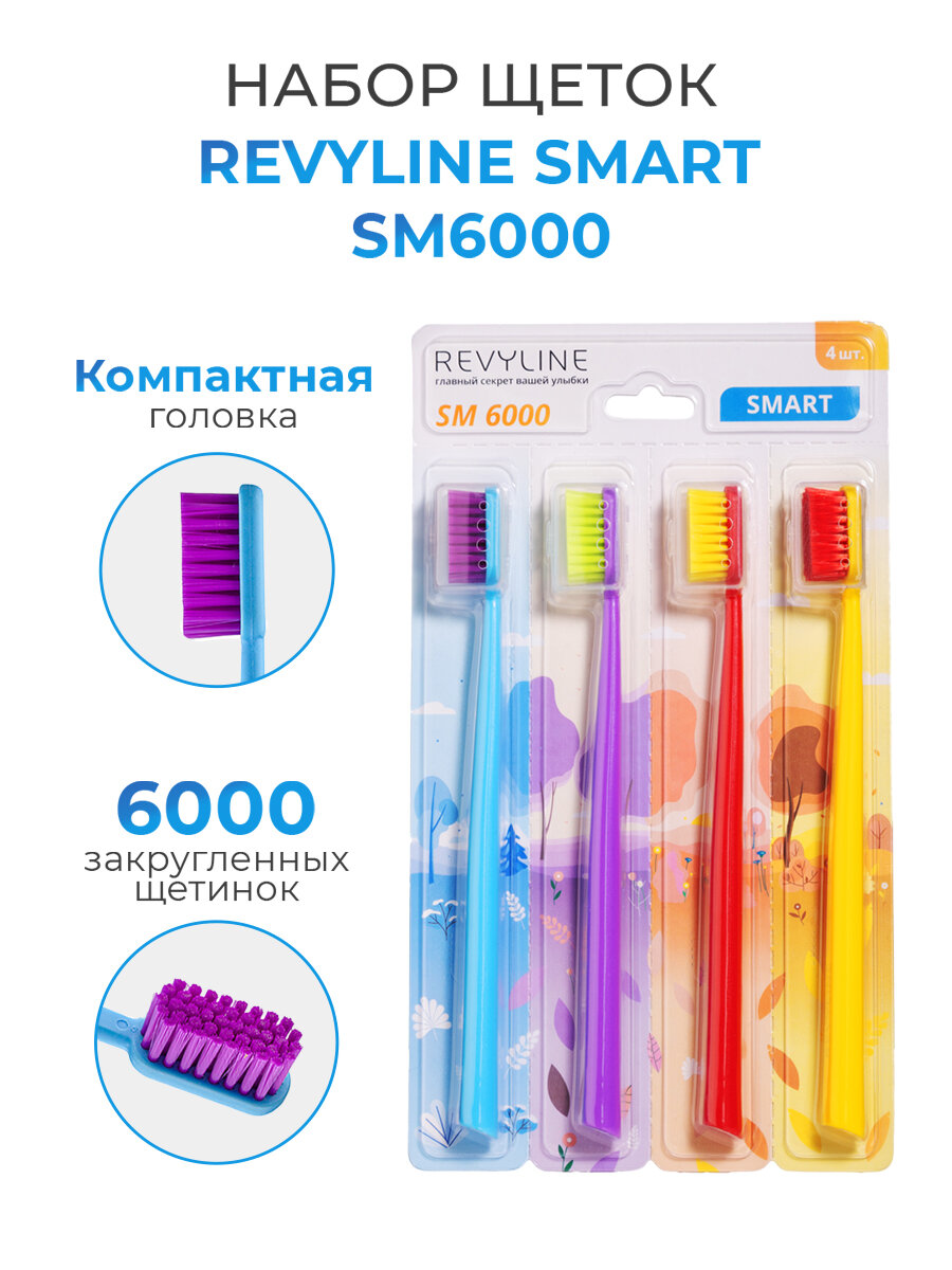Зубная щетка Revyline SM6000 средне-мягкая, набор 4 шт, с защитным колпачком, взрослая, от 12 лет