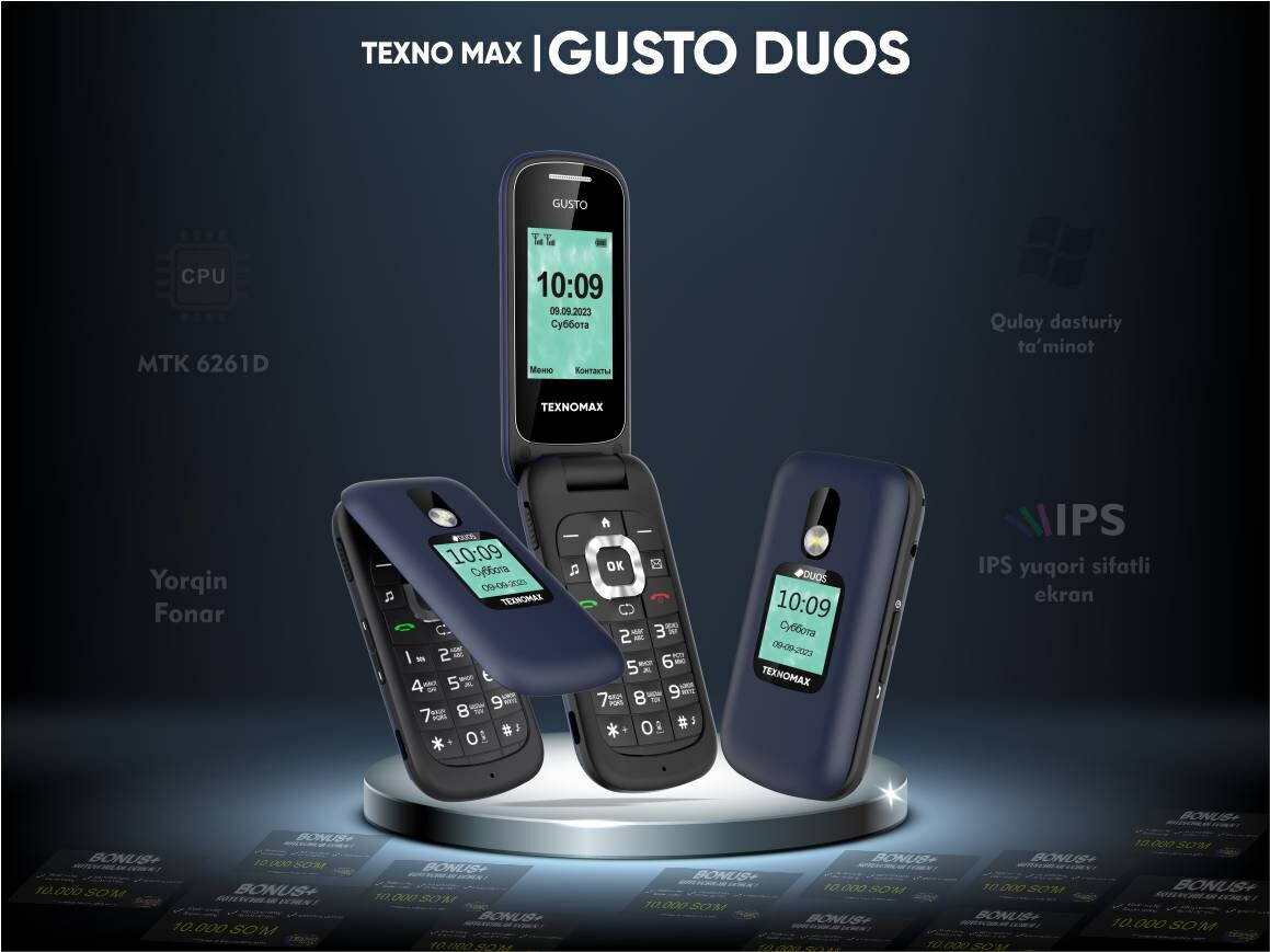 Кнопочный телефон Texnomax Gusto Duos, 1 SIM, синий, официальная гарантия 1 год — фото 1
