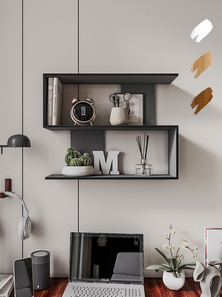 Полка Настенная Навесная Прямая  Графит  скрытое крепление 60х42х15 см.