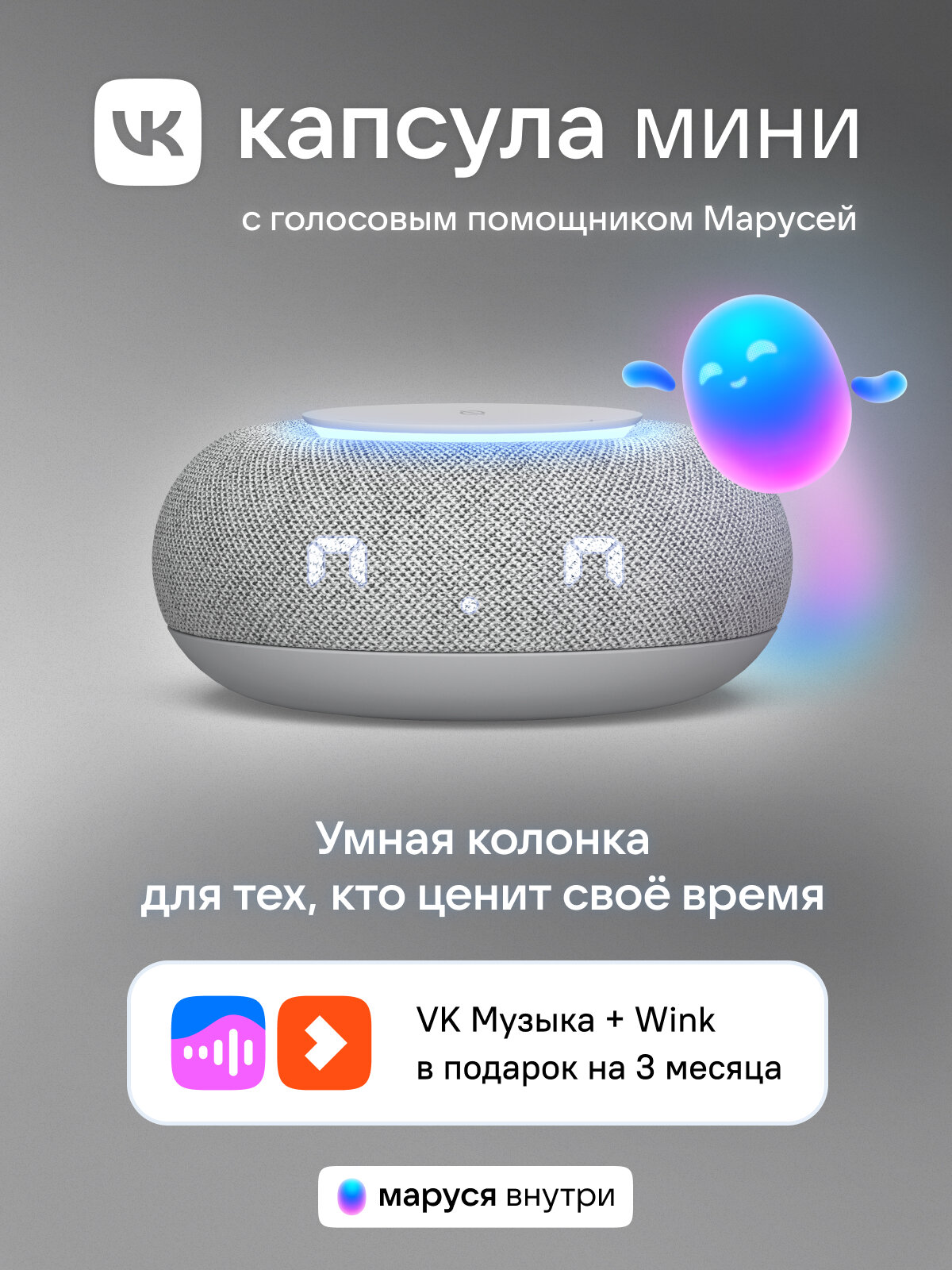 Умная колонка VK Капсула Мини с голосовым помощником Марусей, MRC02, Серая, 3 месяца подписки VK + Wink в подарок