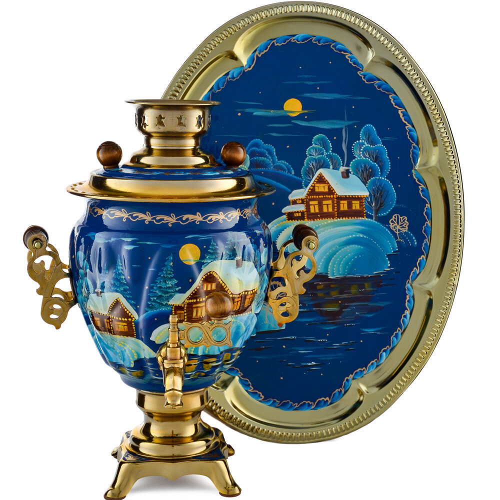 Самовар электрический 3 л. формы «Жёлудь» с худ. росписью «Зимняя ночь в золоте» в наборе с подносом