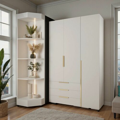 Изображение товара Распашной трехсекционный шкаф Мори - 6 (с 3 ящиками) Белый Снег 8685 BS NOW 150*45*240 см Фиеста