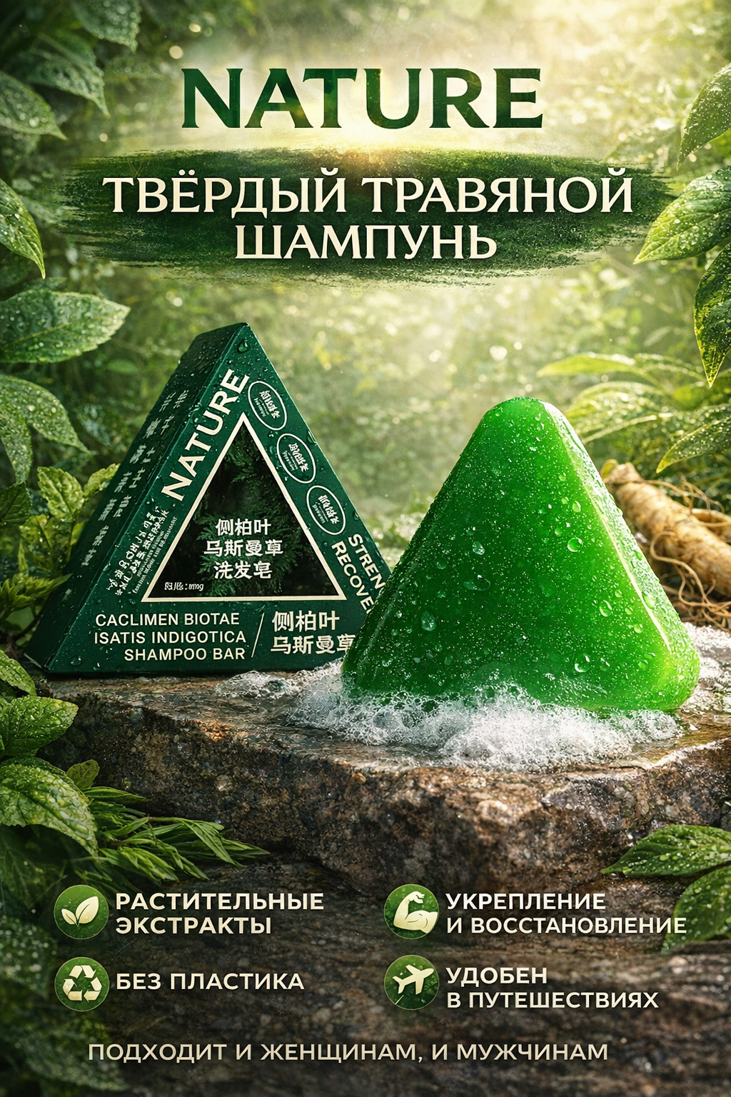 Треугольник мыло-шампунь NATURE Shampoo Bar — твёрдый травяной шампунь без пластика с растительными экстрактами.