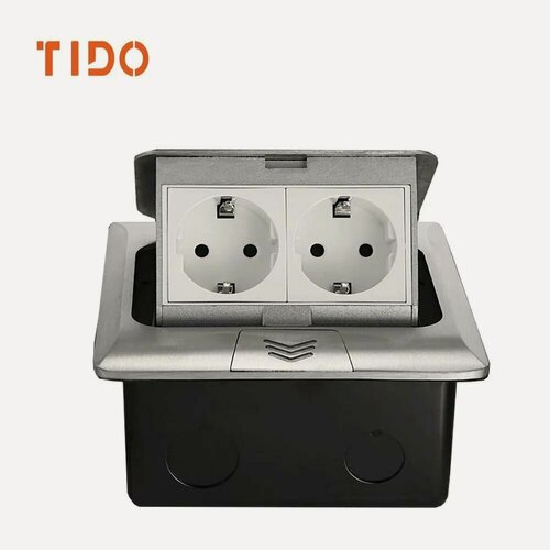 Изображение товара Лючок с розетками встраиваемый в пол в стол , на 2 гнезда, металлический, серебристый, в сборе