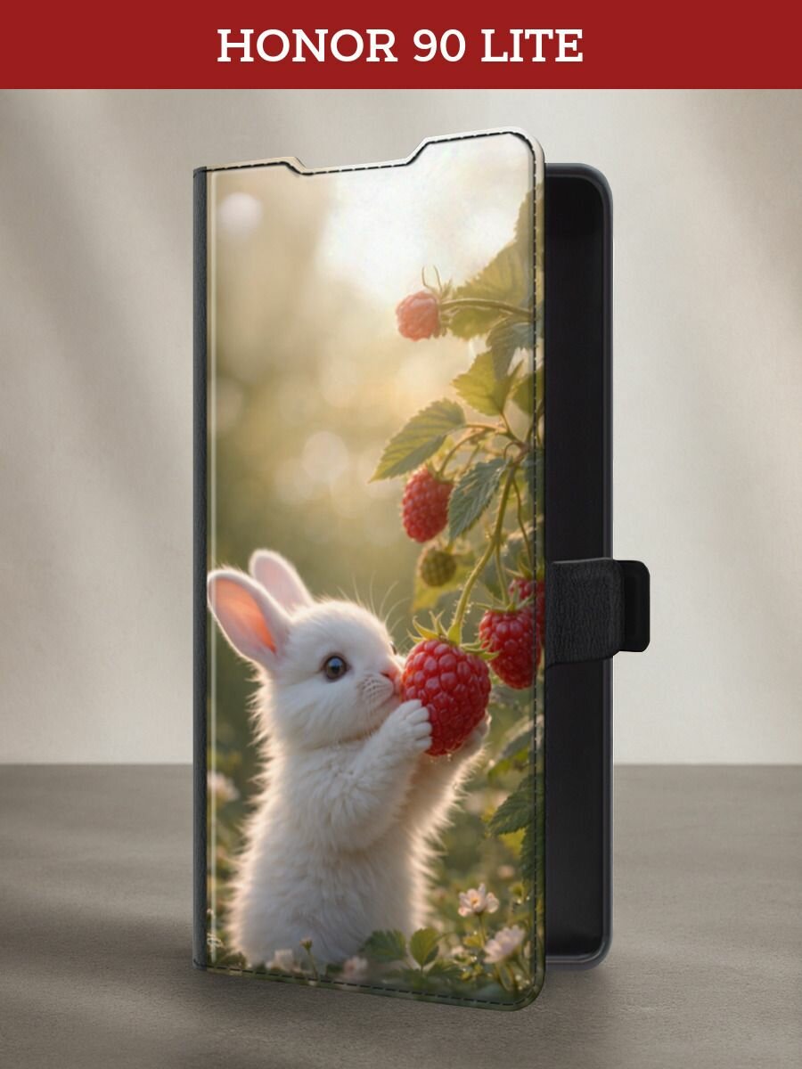 Чехол-книжка на Honor 90 Lite / Хонор 90 Лайт с принтом Зайчик с малиной, черный