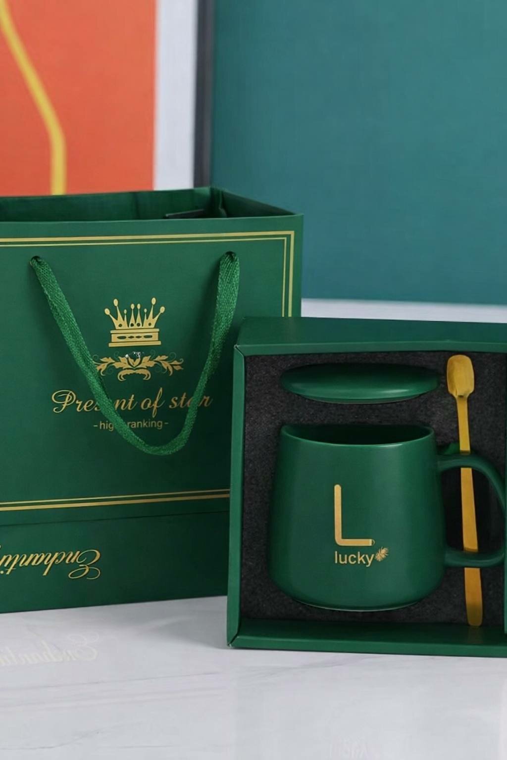 Термокружка Lucky 360 мл, электрическая подставка 220 В, керамика, темно-зеленый с золотым дизайном, подарочный набор.