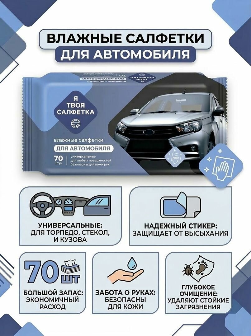 Салфетки влажные 70 шт для авто универсальные для ухода за салоном автомобиля — фото 1
