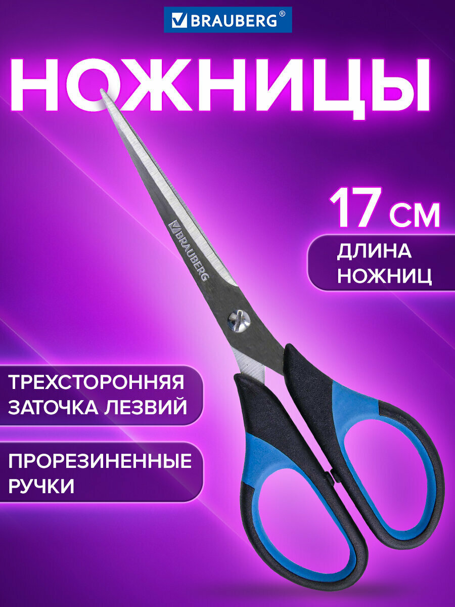 Ножницы канцелярские универсальные для бумаги и картона Brauberg "Office-Expert", 3-х сторонняя заточка, резиновые вставки, 170 мм, сине-черные, 231561