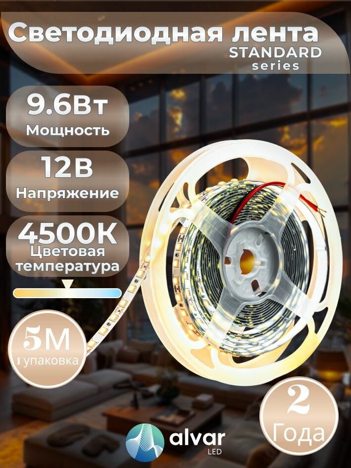 STANDARD 12В 9.6Вт 4500К нейтральная IP20 2835 120 LED светодиодная лента (в упаковке 5 метров)