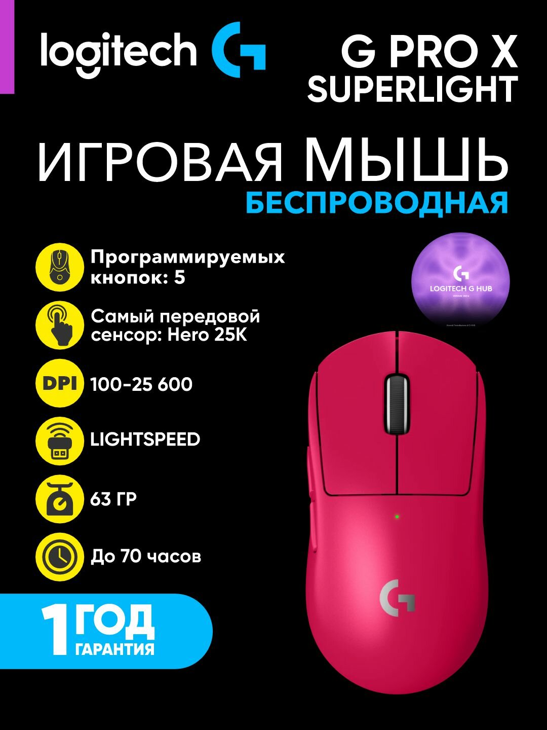 Игровая проводная мышь Logitech G PRO X SUPERLIGHT, до 70 часов работы, 25600 DPI, 5 кнопок, L910-005956
