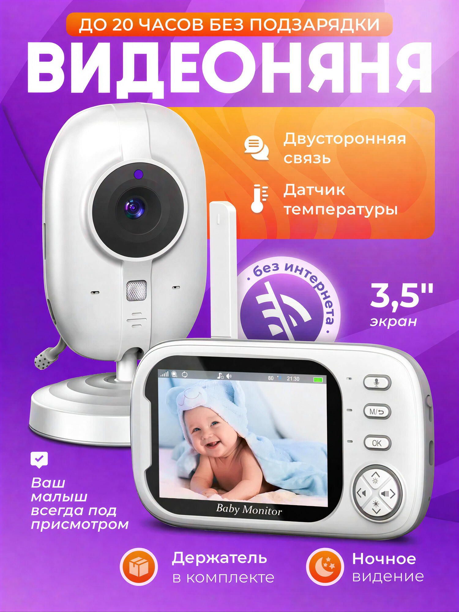 Видеоняня с камерой и монитором — беспроводной Baby Monitor с ночным видением и двусторонней связью.