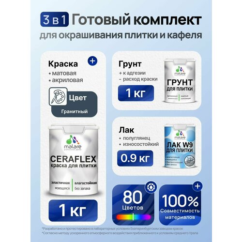 фото Комплект malare для окрашивания плитки и кафеля (1кг грунт + 1кг краска + 0,9кг лак), без запаха, полуглянцевый, цвет гранитный