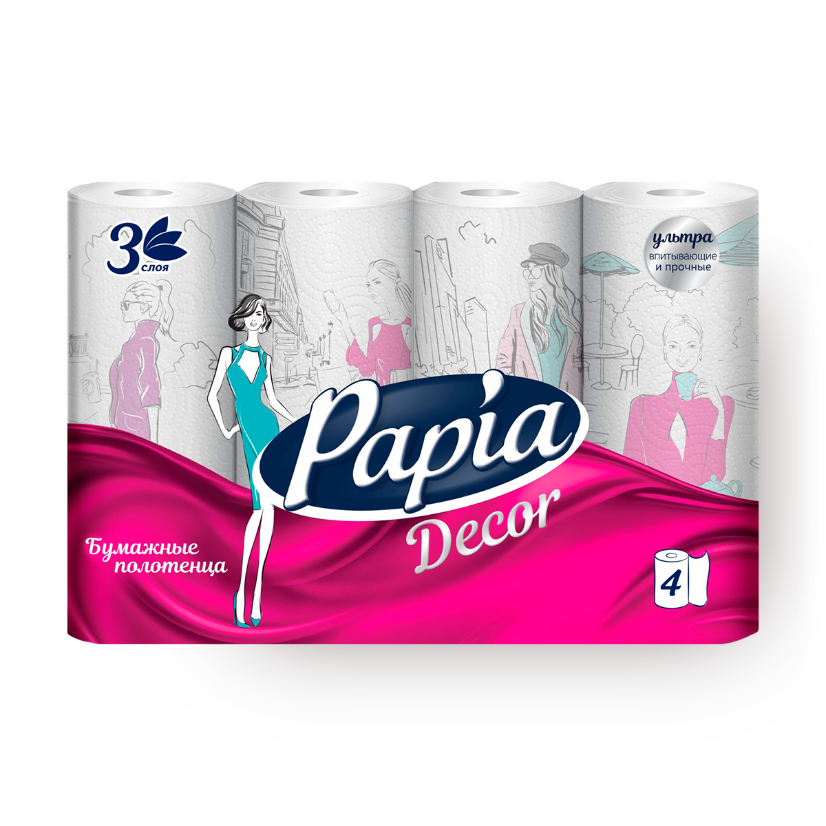Полотенца бумажные Papia "Decor", 3 слоя, без запаха, 4 шт, ультра впитывающие и прочные