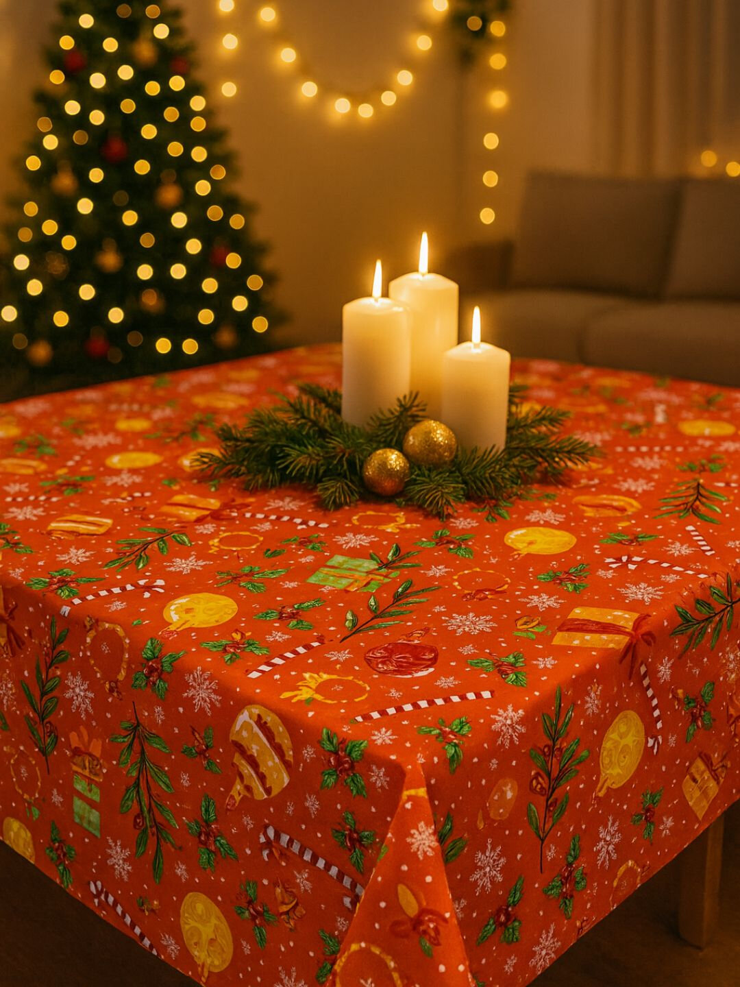 Новогодняя праздничная скатерть 180×125 см — хлопок высокой плотности - Оранжевый