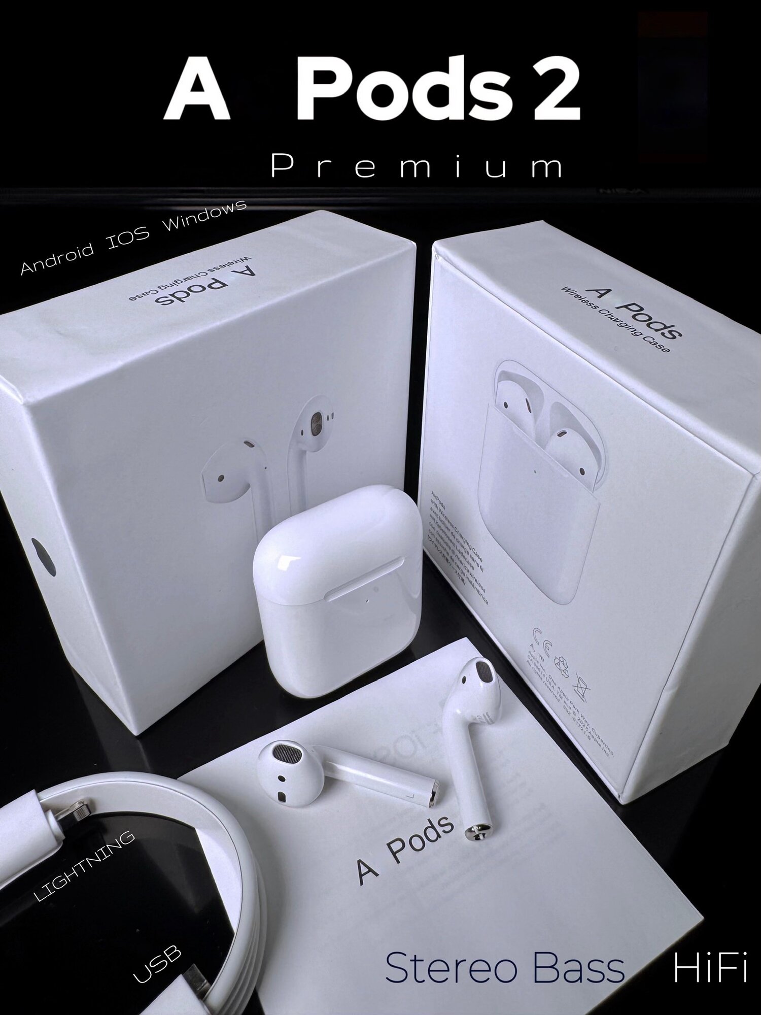 Наушники A Pods 2, беспроводные, с Hi-Fi стереозвуком и сенсорным управлением. IOS, Android, Windows