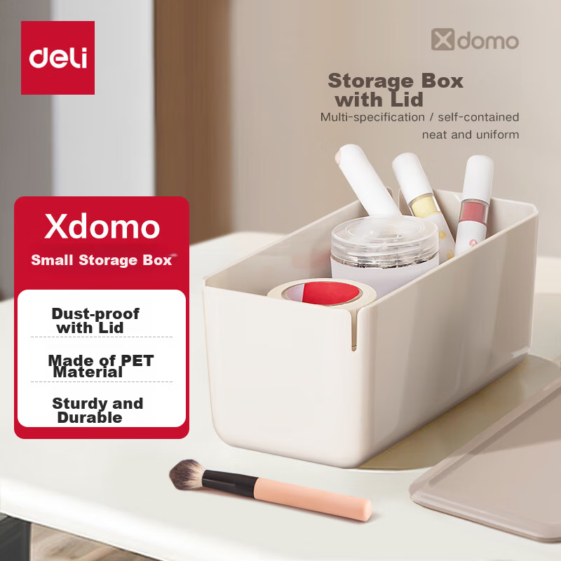 Deli Desktop Storage Box Organizer for Office, Dorm, Bathroom, Cosmetics, Underwear, Dust-Proof, Gift Box, Danish High-End Design, Light Gray with Lid, Small Size, XDM10
