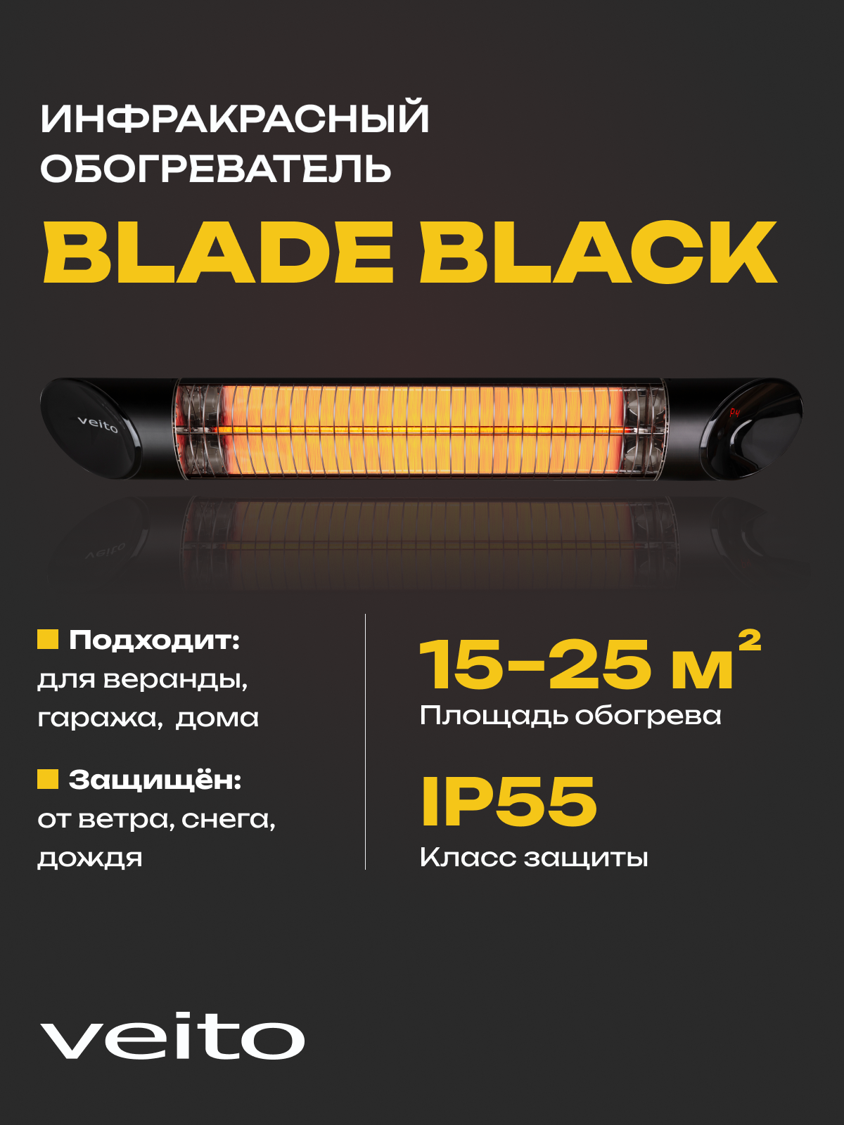 Настенный обогреватель Veito Blade black, 2 кВт карбоновый, регулировка мощности, IP55, пульт ДУ
