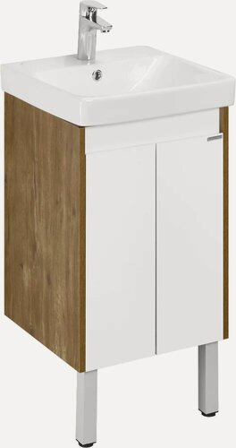 Изображение товара Тумба с раковиной AQUATON Сканди подвесная, 45, 5 см, белая, светлое дерево, глянцевая, из ЛДСП, с дверками, раковина для ванной, фарфоровая, встроенный слив-перелив