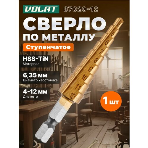 фото Сверло по металлу ступенчатое 4-12 мм волат hss tin (87020-12)