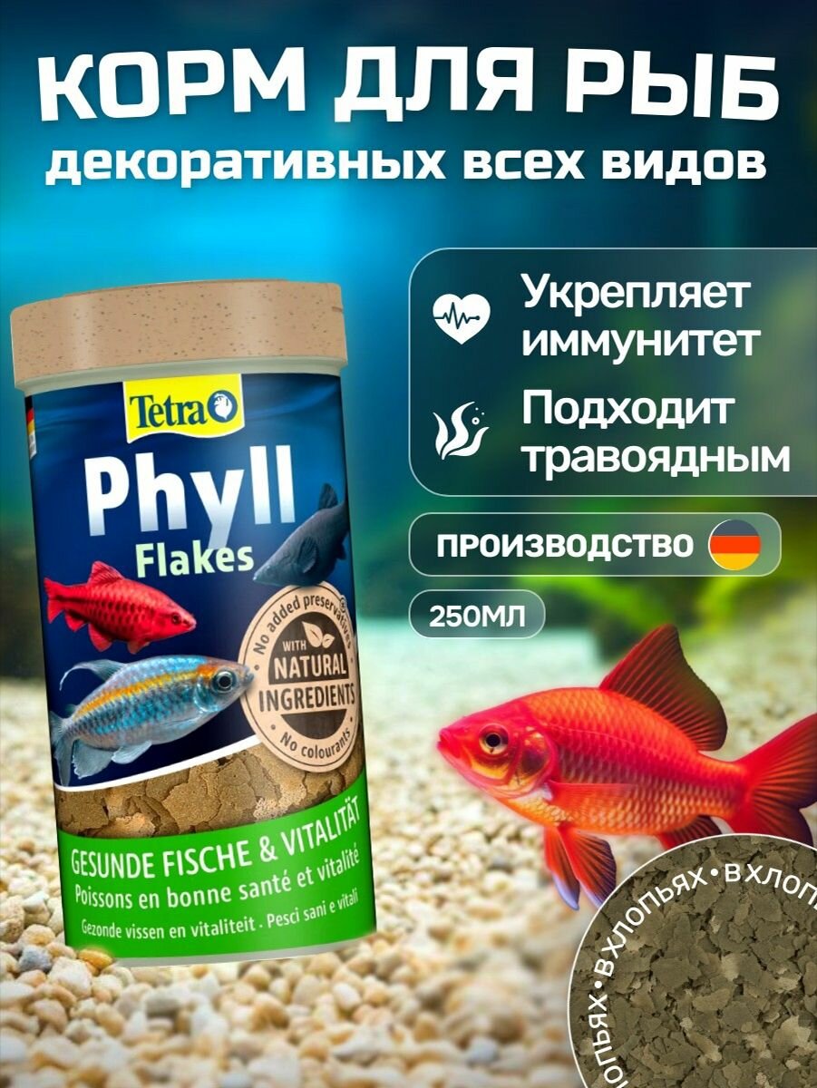 Tetra Phyll Flakes 250 мл. Растительные хлопья, корм основной для всех видов рыб. Тетра Филл Флейкс