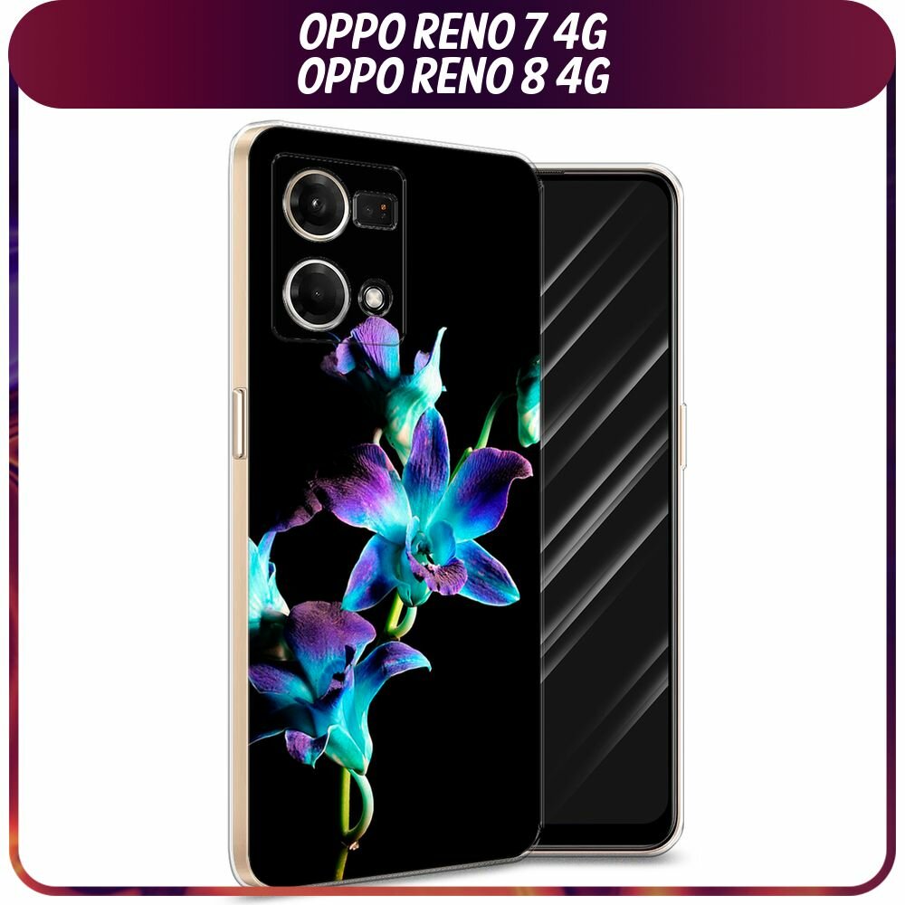 Чехол на Oppo Reno 7 4G/8 4G / Оппо Рено 7 4G/8 4G с принтом "Синий цветок на черном"