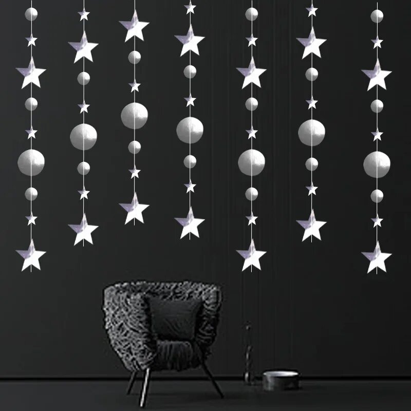 MOONBIFFY Серебряная бумажная звездная гирлянда 4 метра silver