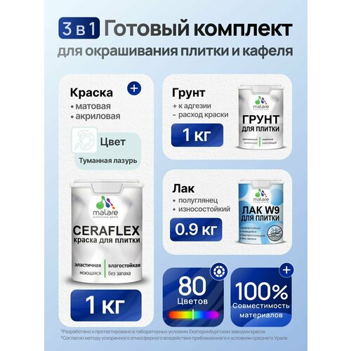 фото Комплект malare для окрашивания плитки и кафеля (1кг грунт + 1кг краска + 0,9кг лак), без запаха, полуглянцевый, цвет туманная лазурь