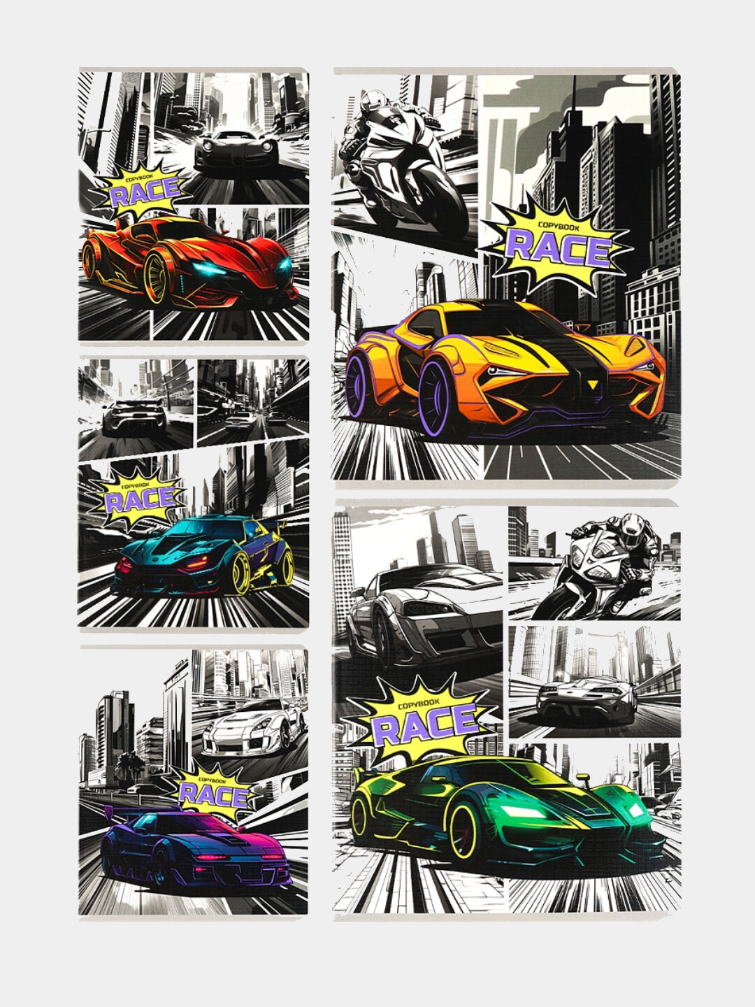 Тетрадь А5, 48л, клетка, авто в стиле комиксов, 5 шт