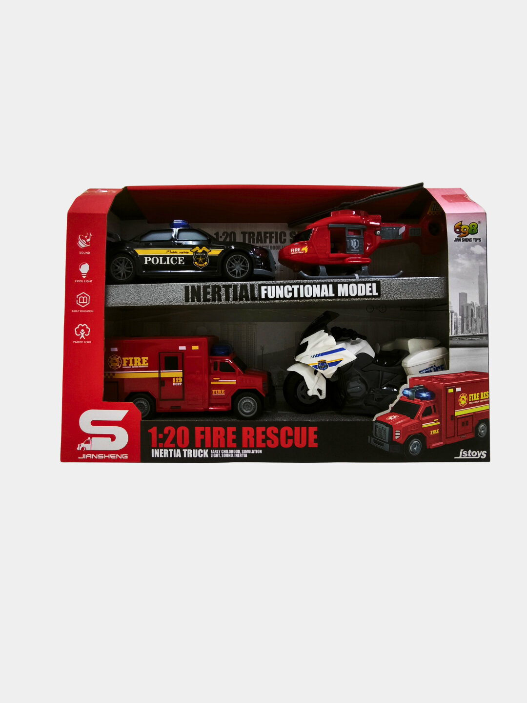 Набор машин, служебный транспорт, полицейская машина, вертолет, пожарная машина, мотоцикл — фото 1