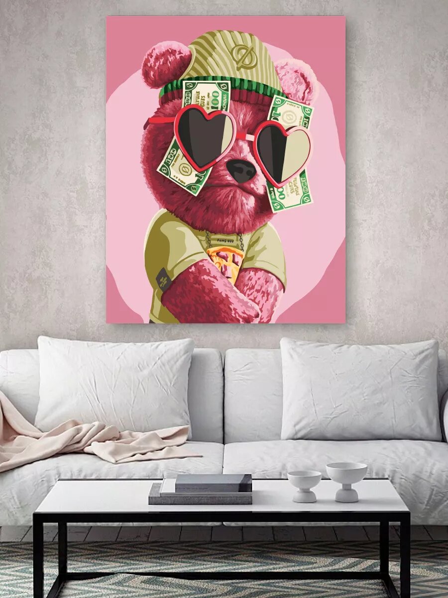 Картина по номерам на холсте с подрамником 40х50 см Мишка Тедди Доллары — фото 1