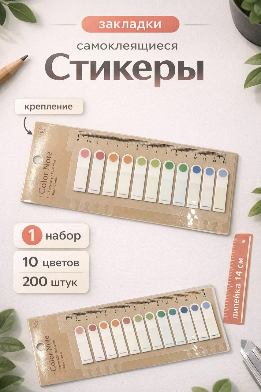 Самоклеящиеся закладки-стикеры (10 цветов, 200 штук, линейка 14 см)
