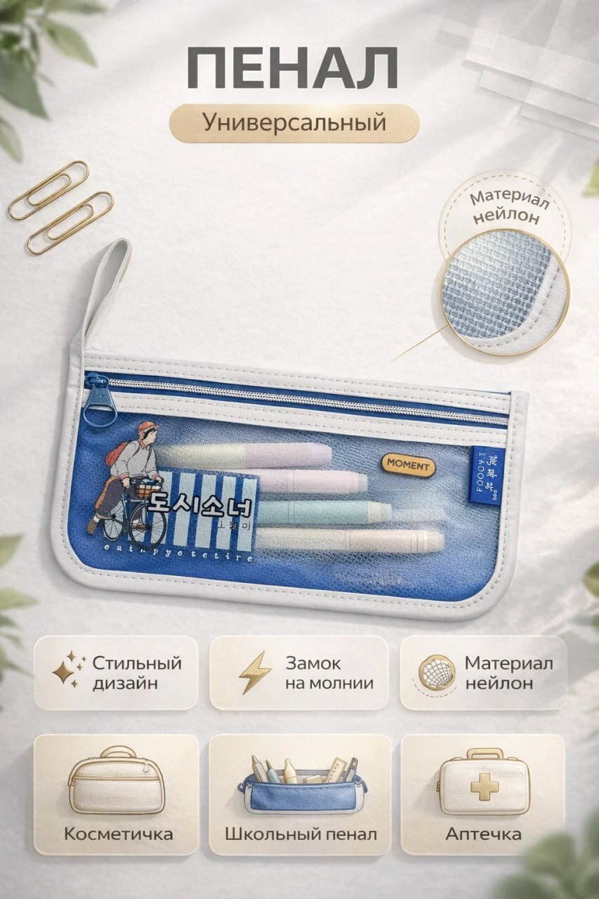 Универсальный пенал с молнией (нейлон, стильный дизайн, косметичка, школьный пенал, аптечка)
